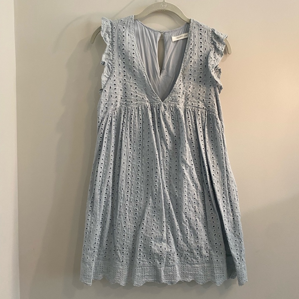 Baby Blue Eyelet Romper with V-neck and Pockets | Mustard Seed